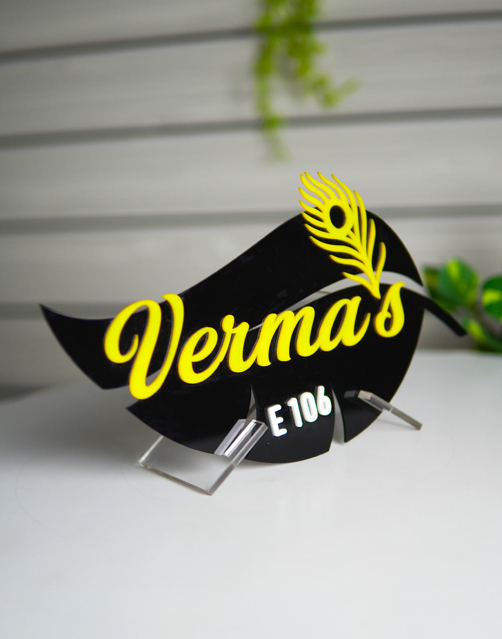 Leaf Style Yellow Acrylic Name Plate – Personalized Modern Home Sign