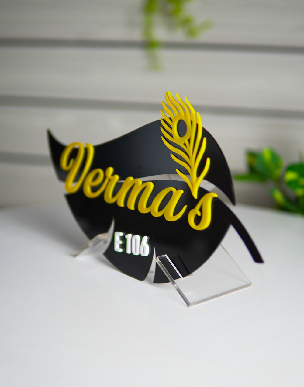 Leaf Style Yellow Acrylic Name Plate – Personalized Modern Home Sign