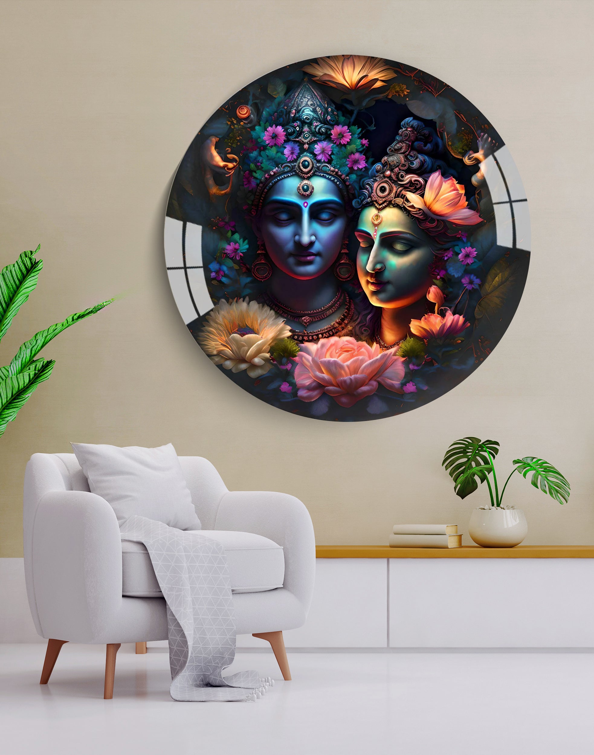 Radha Krishna Round Acrylic Wall Art – Perfect for Home & Office